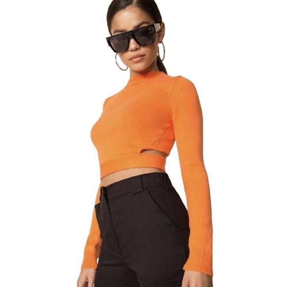 Superdown Orange Cropped Knit Sweater Long Sleeve Soft Preppy Y2K M